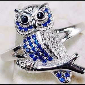 Blue Sapphire & Black Sapphire Owl Ring Size7